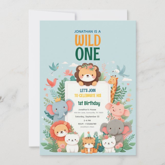 Wild One Safari Jungle Animal Birthday Convite (Frente)