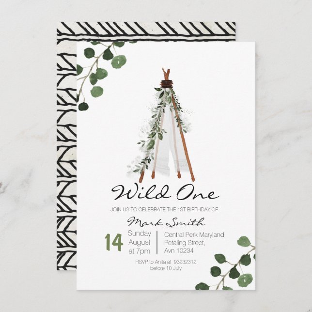 Wild One Teepee primeiro convite de aniversário (Frente/Verso)