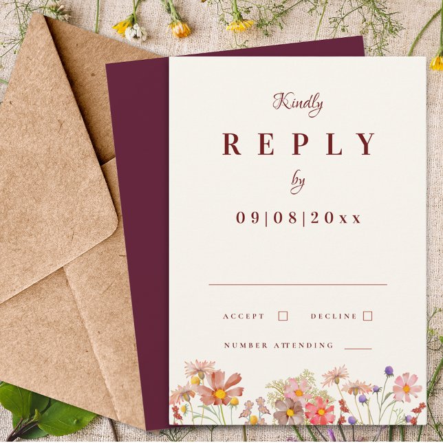 Wildflower Boho Burgundy Resposta ao Casamento out (Elegant wildflower burgundy fall wedding invitation RSVP enclosure card)