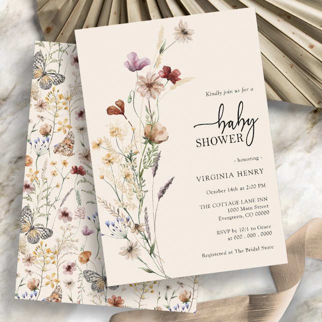 Wildflower Boho Floral Chá de fraldas Convite (Boho Floral Wildflower Baby Shower Invitation with whimsical pattern on the back by Painted Paperie
)