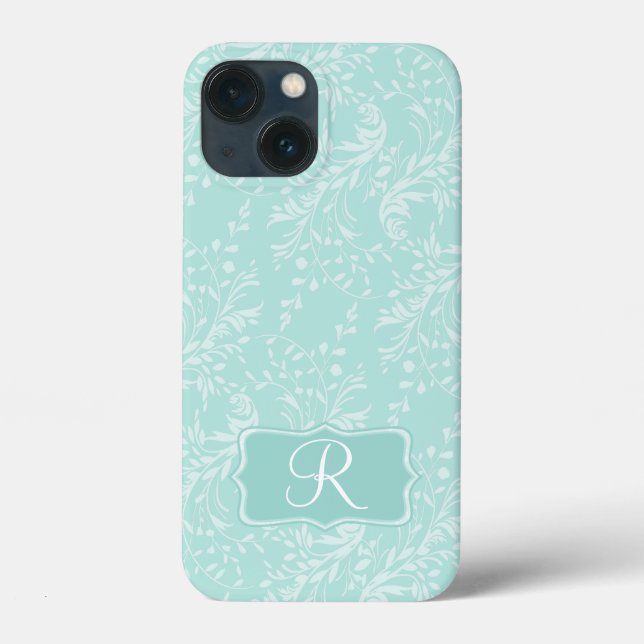 Wildflower damask aqua teal monogram (Verso)