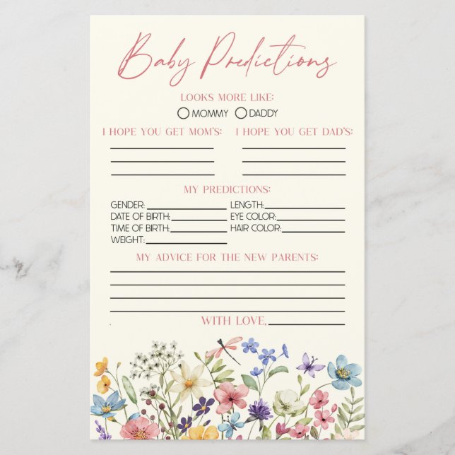 Wildflower Floral Baby Shower Predictions Game (Frente)