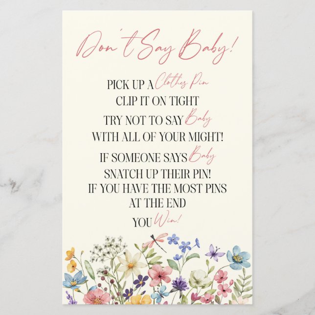 Wildflower Floral Don't Say Baby Shower Game (Frente)