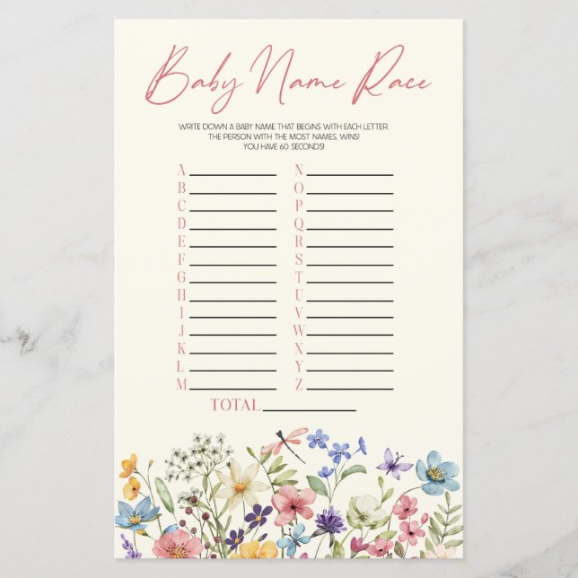 Wildflower Floral Name Race Baby Shower Game (Frente)