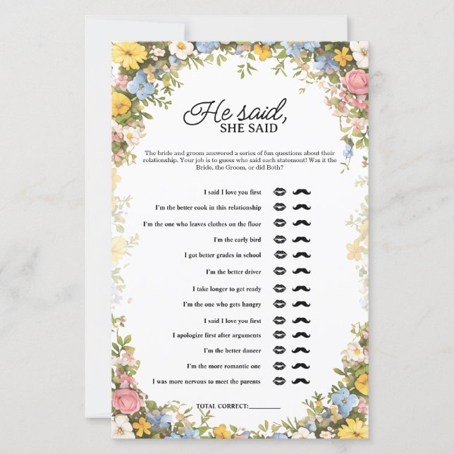 Wildflower Tea Party He Said She Said Bridal Game (Frente)