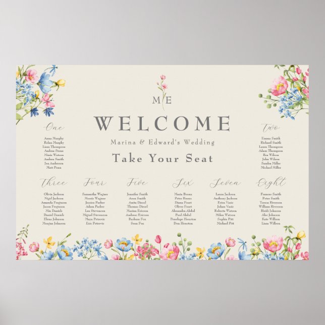 Wildflower Wedding Welcome Seating Chart Poster (Frente)