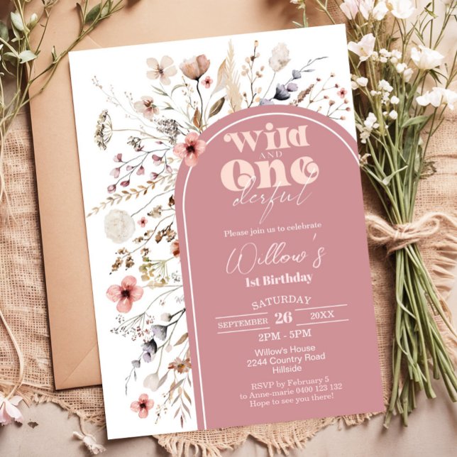 Wildflower Wild e Convite à Aniversário Maravilhos (Wildflower Wild and Onederful 1st Birthday Invitation - Girl 1st Birthday Invite)