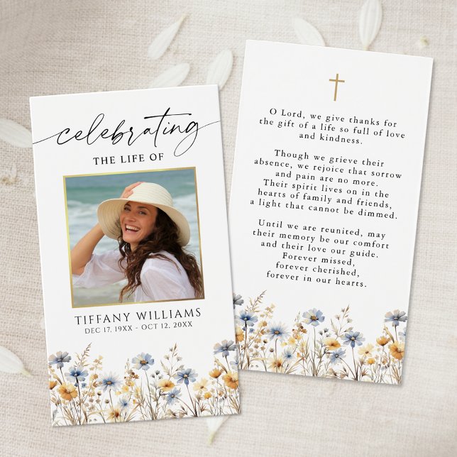 Wildflowers Funeral Celebration Photo Prayer Card (Criador carregado)