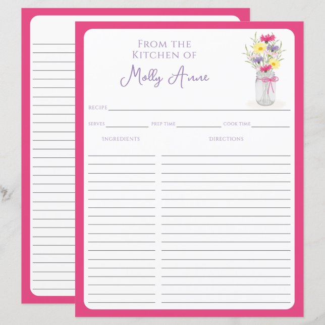 Wildflowers Mason Jar Pink Country Recipe Sheets (Frente/Verso)