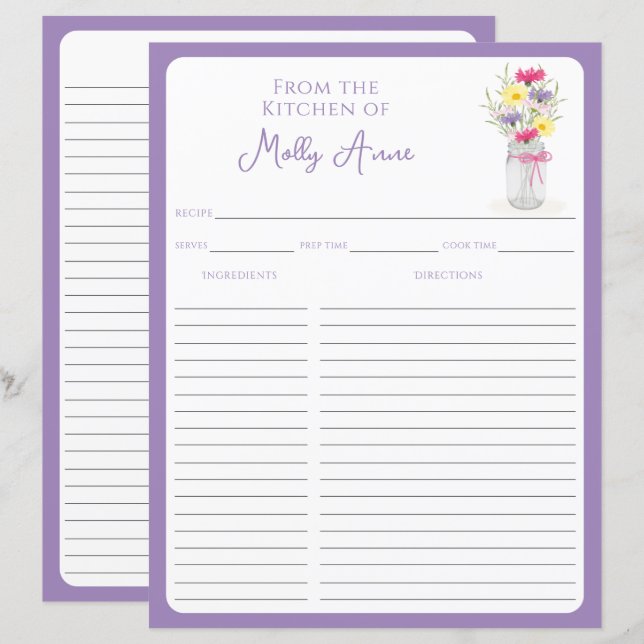 Wildflowers Mason Jar Purple Country Recipe Sheets (Frente/Verso)