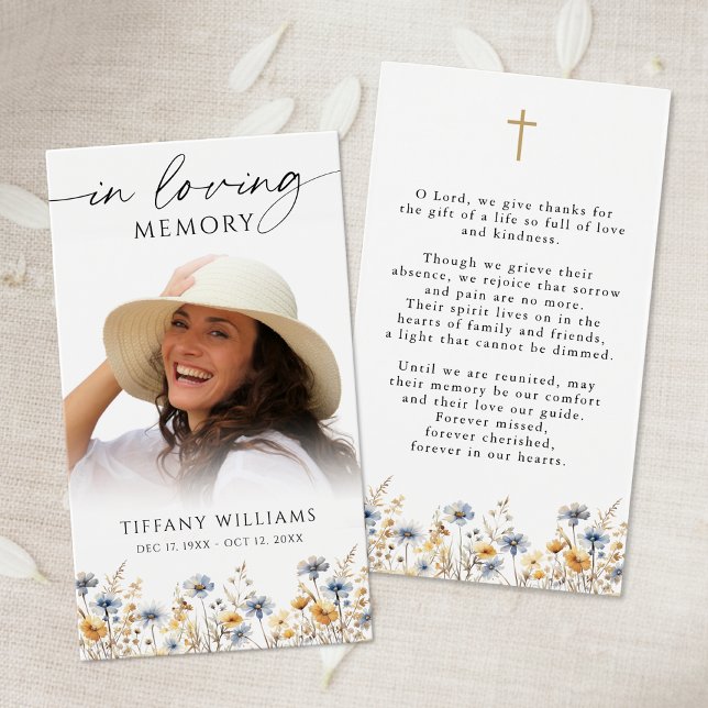 Wildflowers Photo Loving Memory Cross Prayer Card (Criador carregado)