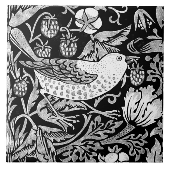 William Morris Bird & Flower Azulejo, preto e bran (Frente)