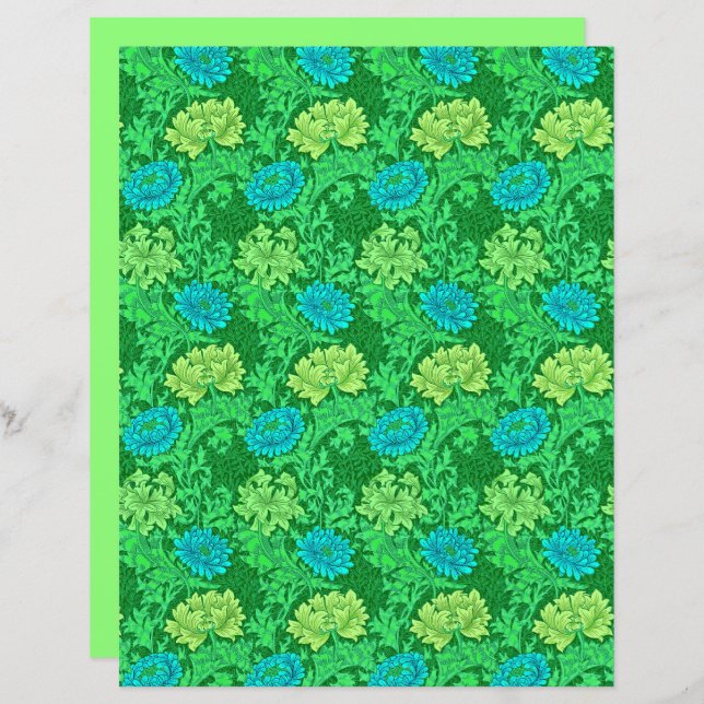 William Morris Chrysanthemums, Verde limão & Aqua (Frente/Verso)