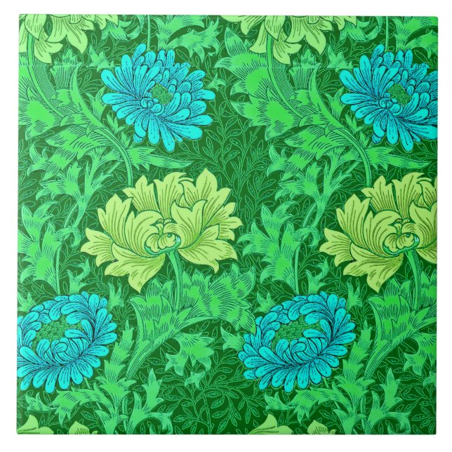 William Morris Chrysanthemums, Verde limão & Aqua (Frente)