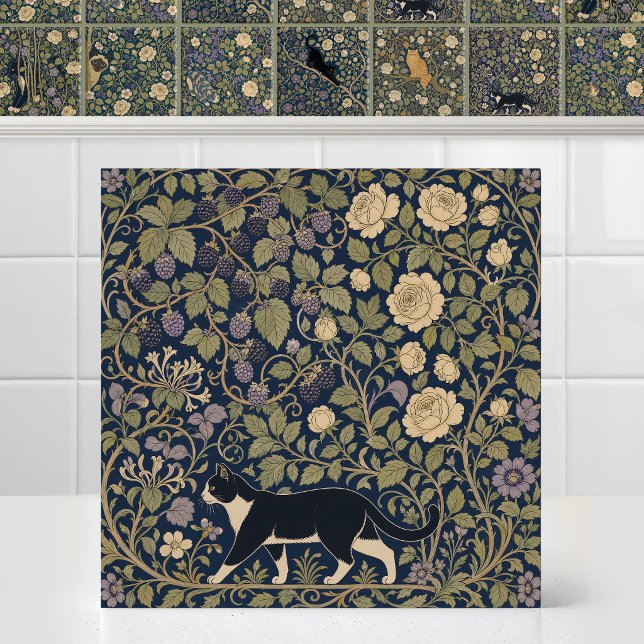 William Morris Preto Branco Gato Linha de Base Dos (Antique Art Nouveau Pattern William Morris Black White Cat Baseline Canopy Bow Ceramic Tile Mural)