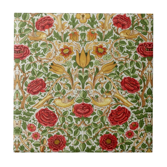 William Morris Rosa & Pássaros Chintz Vermelho (Frente)
