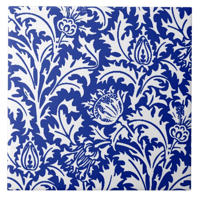 William Morris Thistle Damask White em Cobalto Azu (Frente)