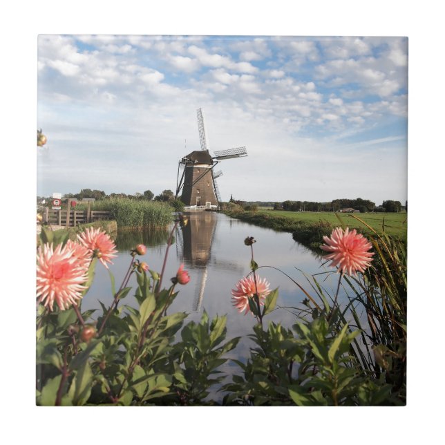 Windmill and flowers in Holland photo tile (Frente)