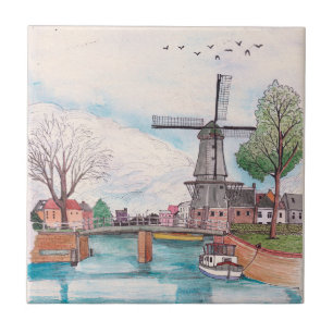 Windmill De Adriaan Haarlem Países Baixos Watercol