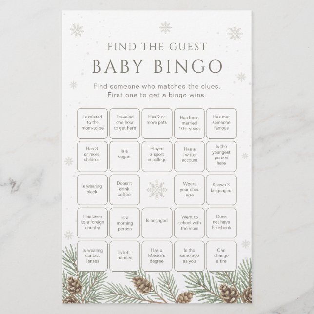 Winter Baby Shower Bingo Game Find the Guest Game (Frente)