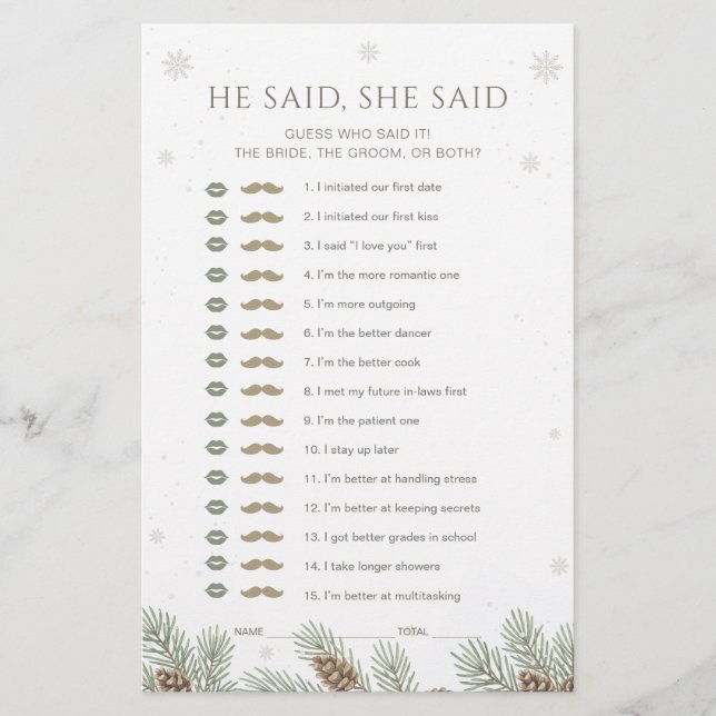 Winter Baby Shower He Said She Said Game (Frente)