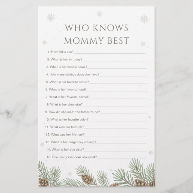 Winter Baby Shower Who Knows Mommy Best Game (Frente)