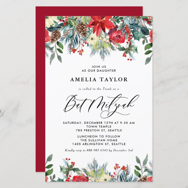 Winter Blooms Floral Bat Mitzvah Convite (Frente/Verso)