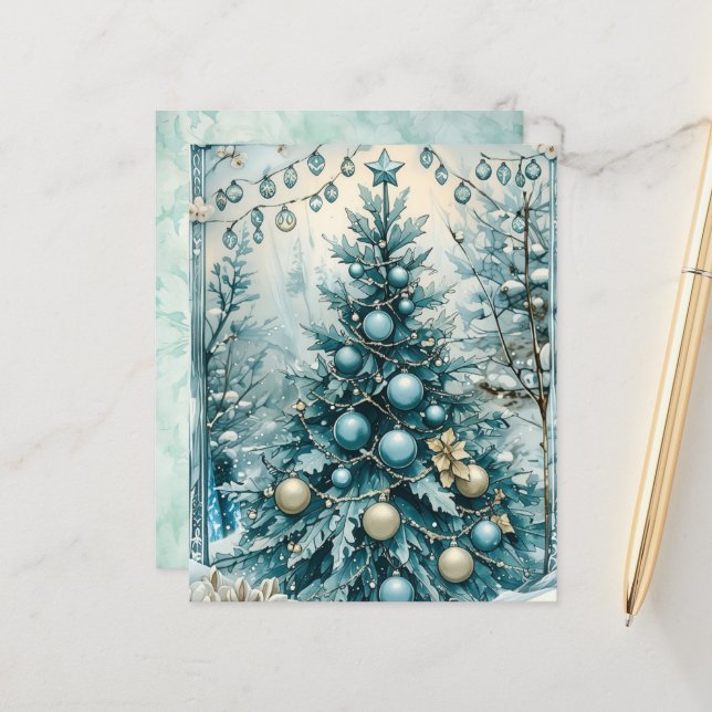 Winter Blue Christmas Tree Scrapbook Paper (Frente/Verso In Situ)