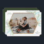 Winter Branches Modern Holiday Cartão com fotos<br><div class="desc">Este cartão com fotos de Natal é moderno e tende a colocar sua fotografia favorita de paisagem em um falso quadro de hexágono de ouro acentuado com galhos pintados com aquarelas em blues de inverno e verdes legal.</div>