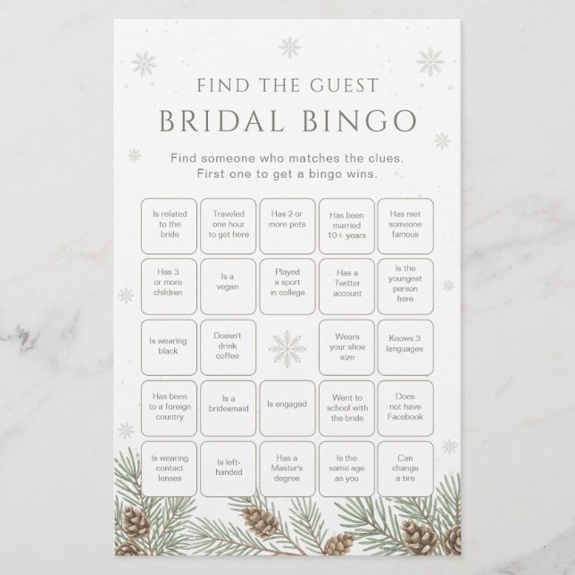 Winter Bridal Shower Bingo Game Find the Guest (Frente)