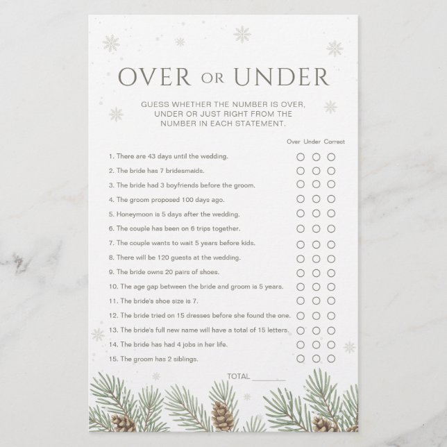 Winter Bridal Shower Over or Under Game (Frente)