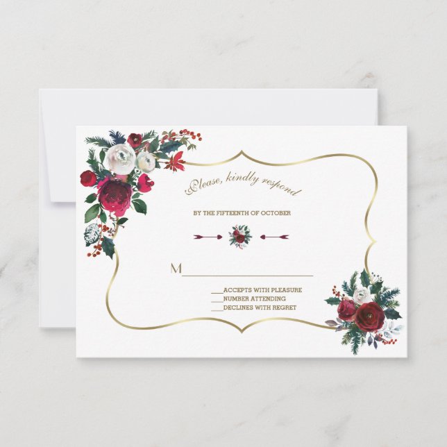 Winter Burgundy Floral Pine Dourada Weding RSVP (Frente)