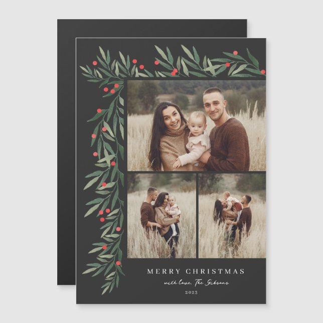 Winter Greenery Black 3 Photo Christmas (Frente/Verso)