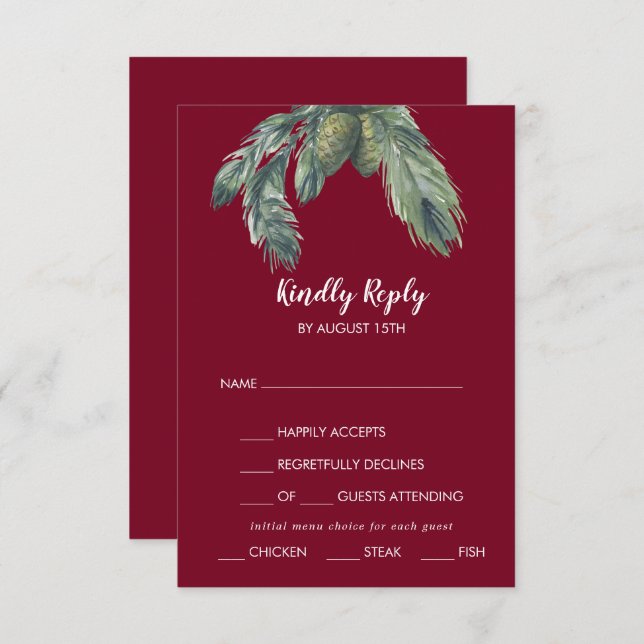 Winter Greenery Burgundy Menu Choice Wedding RSVP (Frente/Verso)