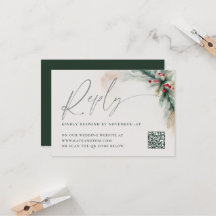 Winter Greenery Christmas Red Rustic QR Reply Card