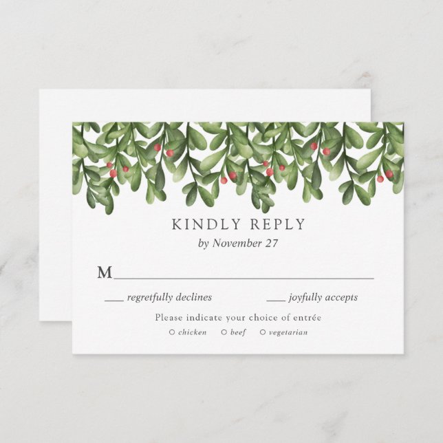 Winter Greenery Holly Wedly convite RSVP Card (Frente/Verso)