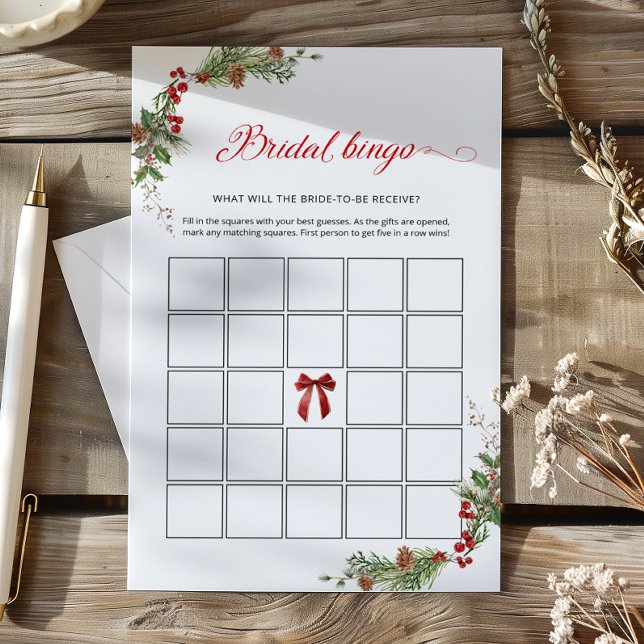 Winter Greenery Red Bow Bridal Bingo game (Criador carregado)