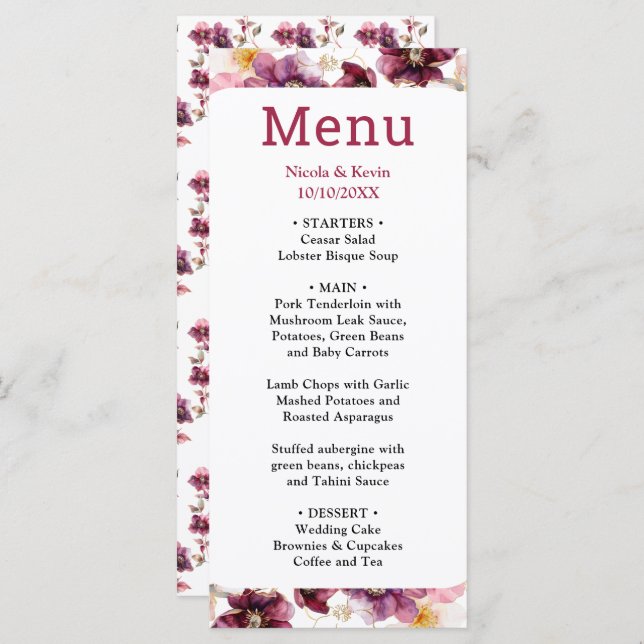 Winter Hellebore Floral Burgundy Wedding Menu (Frente/Verso)