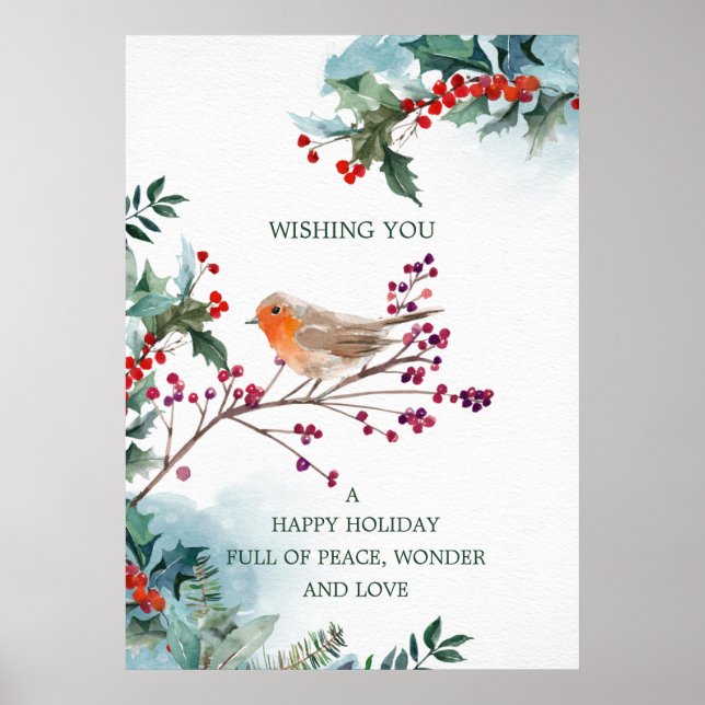Winter Holly Red Robin Christmas Deseja Poster (Frente)