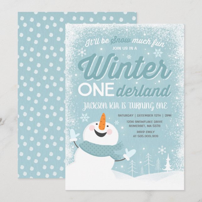 Winter ONE Derland Birthday Convite para Snowman A (Frente/Verso)