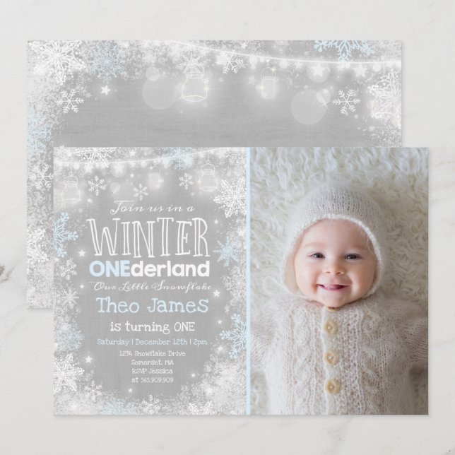 Winter ONEderland Birthday Convite Azul (Frente/Verso)