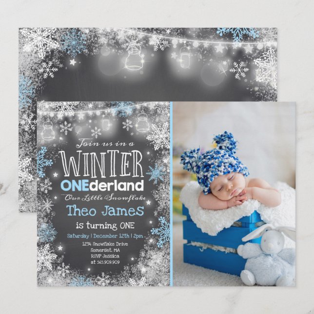 Winter ONEderland Birthday - Convite Azul Branco (Frente/Verso)