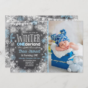 Winter ONEderland Birthday - Convite Azul Branco