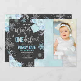 Winter ONEderland Birthday - Convite Azul Prata