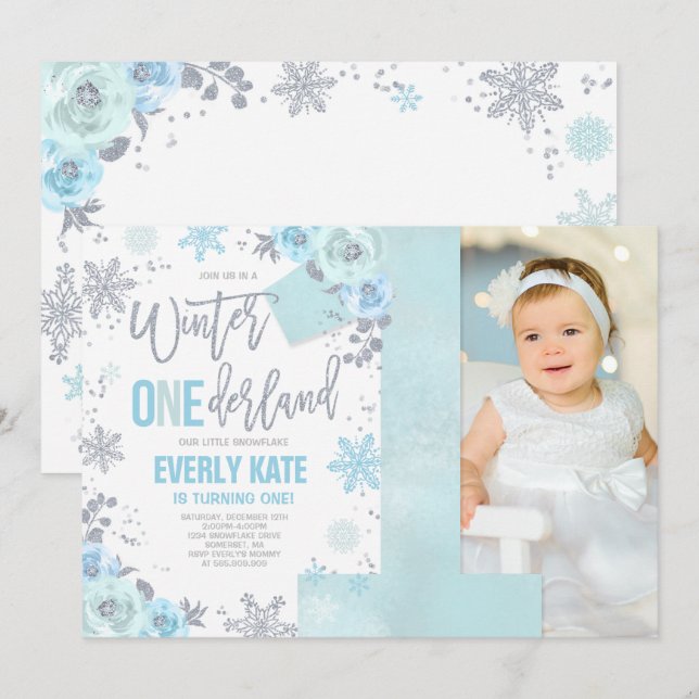 Winter ONEderland Birthday - Convite Azul Prata (Frente/Verso)