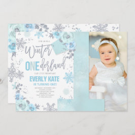 Winter ONEderland Birthday - Convite Azul Prata