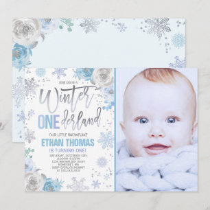 Winter ONEderland Birthday Convite Blue Silver