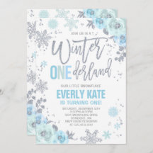 Winter ONEderland Birthday Convite Blue Silver