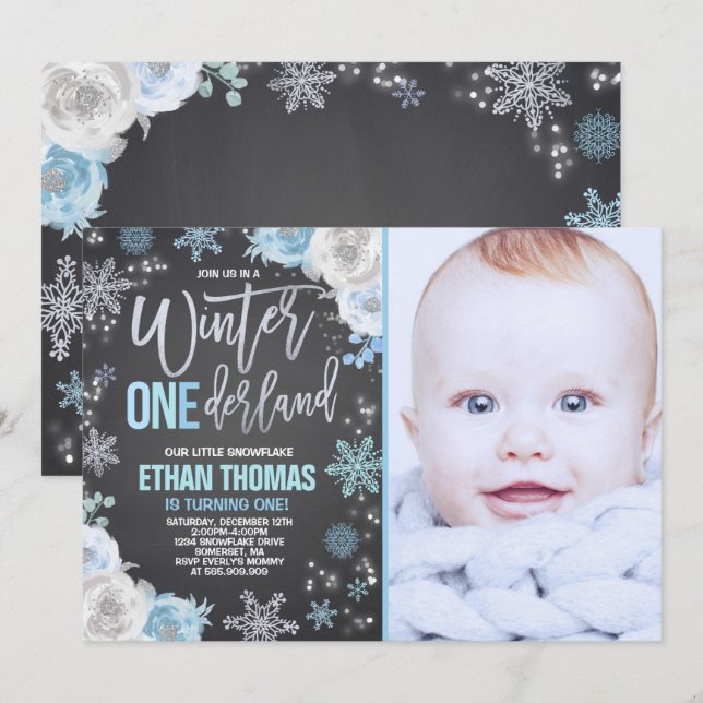 Winter ONEderland Birthday Convite Blue Silver (Frente/Verso)