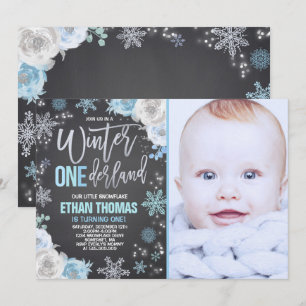 Winter ONEderland Birthday Convite Blue Silver
